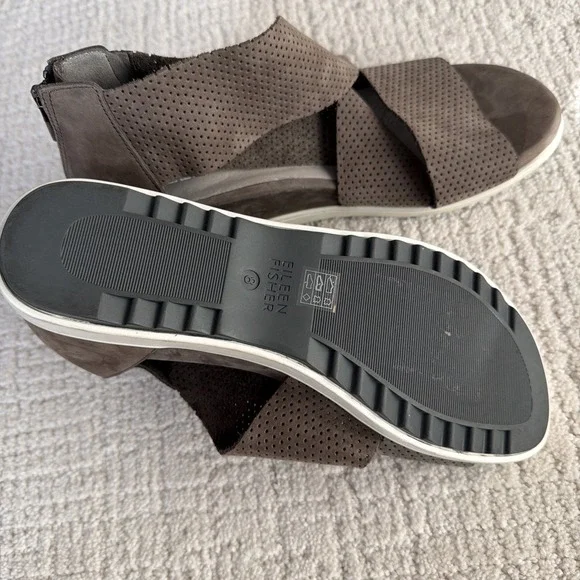 Eileen Fisher Taupe Gray Strap Platform Sandal Shoe Women's 8 Suede Perforated - Picture 5 of 10